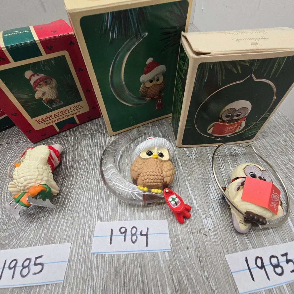 Vintage Hallmark Owl Ornament Lot 1983-1994 Owliver Series Christmas Boxed 9pc‎